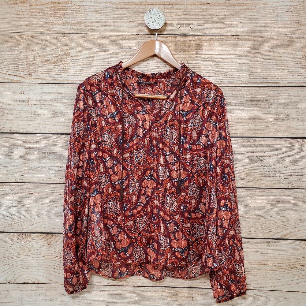Lucky Brand Peasant Top Long Sleeve Maroon Medium